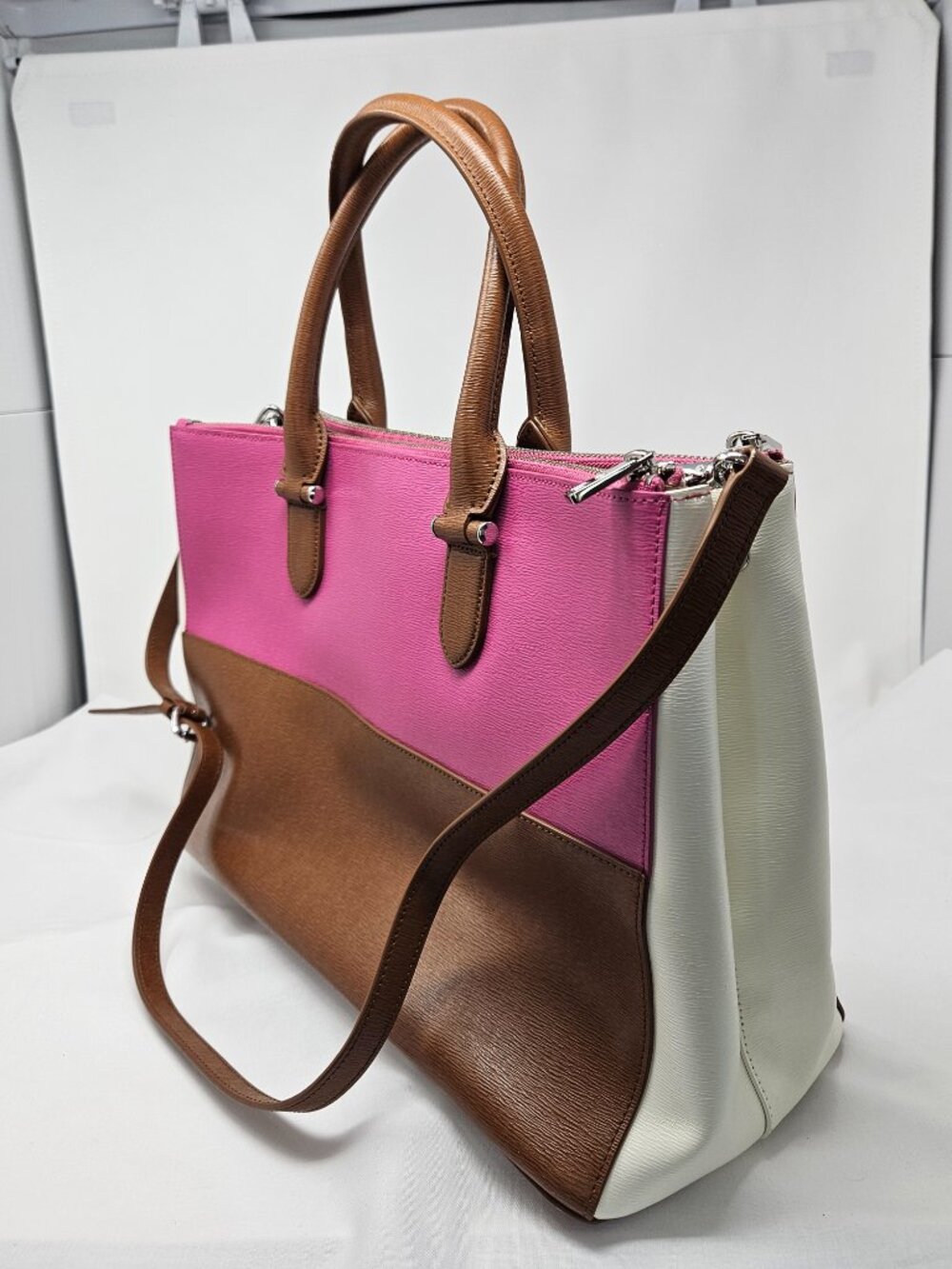 Lauren Ralph Lauren Newbury Tri-Color Leather Handbag - Brown / Vanilla / Rose - Picture 3 of 11